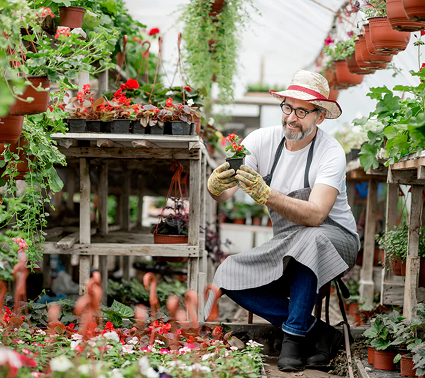 un granjero con sombrero seleccionando flores para plantar